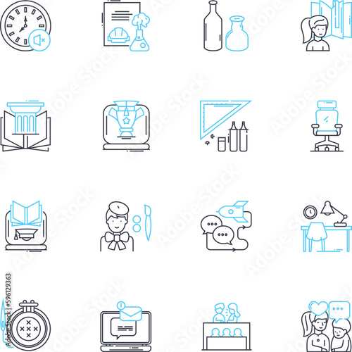 Desktop accessories linear icons set. Mousepads, Desk trays, Keyboard covers, Monitor stands, Cable management, Desk lamps, Headph holders line vector and concept signs. Desk organizers,Sticky notes
