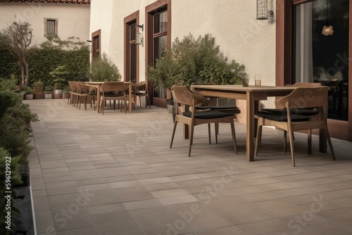 A terrace or outdoor area paved with fired earth tiles, ideal for entertaining. Generative AI