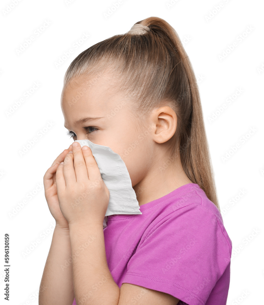 Sick girl blowing nose in tissue on white background. Cold symptoms Sick girl blowing nose in tissue on white background. Cold symptoms