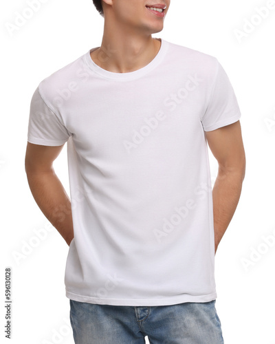 Man wearing stylish t-shirt on white background, closeup. Mockup for design