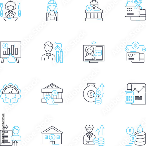 Budgetary trouble linear icons set. Deficit, Austerity, Overspending, Bankruptcy, Red ink, Shortfall, Fiscal crisis line vector and concept signs. Debt,Arrears,Insolvency outline illustrations