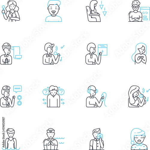 Fearful emotions linear icons set. Dread, Fright, Terror, Horror, Panic, Unease, Anguish line vector and concept signs. Apprehension,Jitteriness,Anxiety outline illustrations