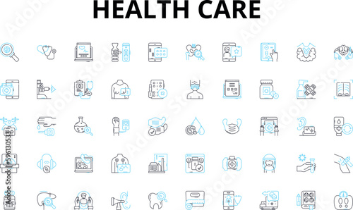 Health care linear icons set. Wellness, Medicine, Insurance, Prevention, Diagnosis, Rehabilitation, Emergency vector symbols and line concept signs. Surgery,Therapy,Nutrition illustration
