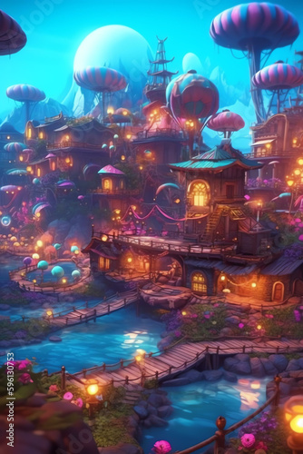 Beautiful Brilliance: Colorful Plants and Playful Characters in a Fantasy Village - Generative AI  © arlila
