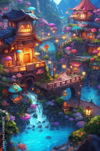 Beautiful Brilliance: Colorful Plants and Playful Characters in a Fantasy Village - Generative AI  © arlila