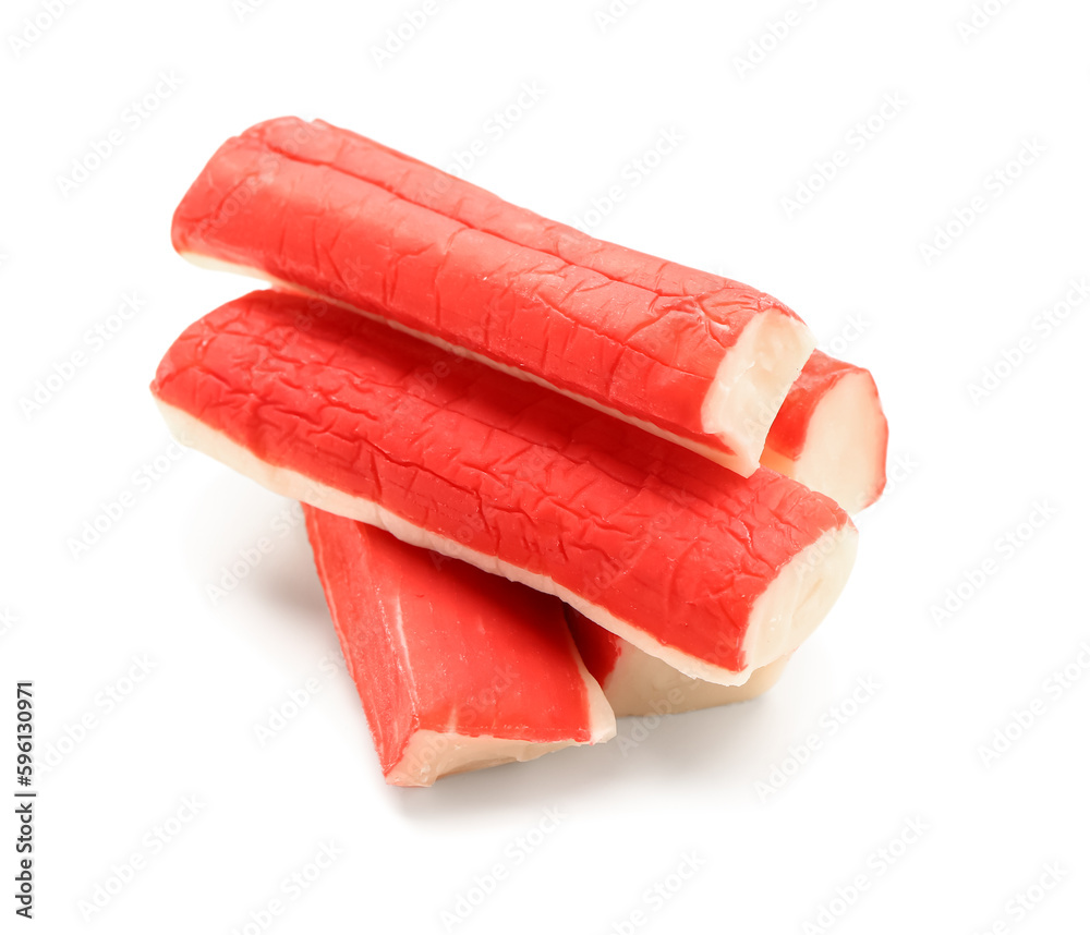 Tasty crab sticks isolated on white background Tasty crab sticks isolated on white background