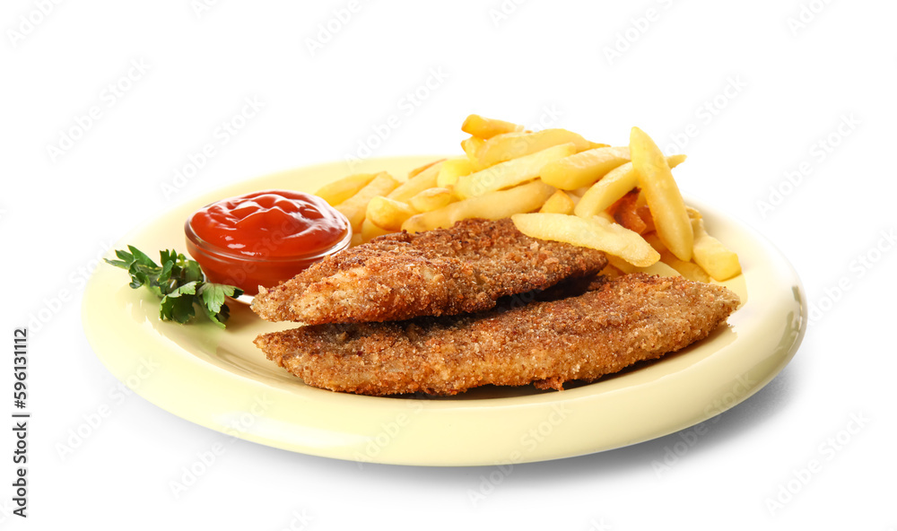 Plate with tasty fried codfish, sauce and french fries on white background Plate with tasty fried codfish, sauce and french fries on white background