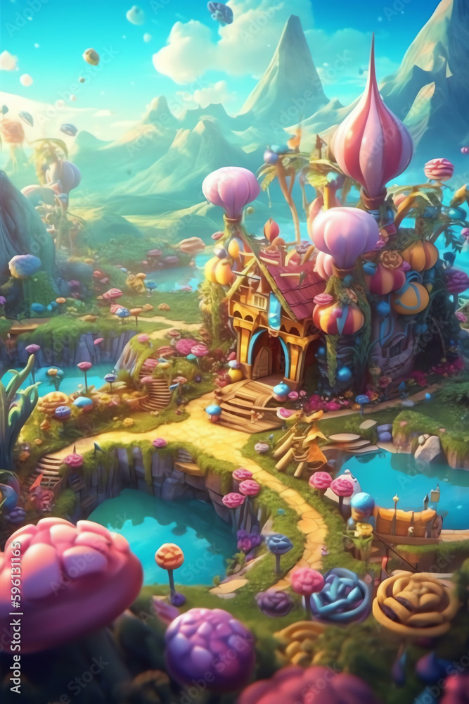 Playful Designs: Blurred Elements and Vibrant Colors in a Fantasy Village - Generative AI
