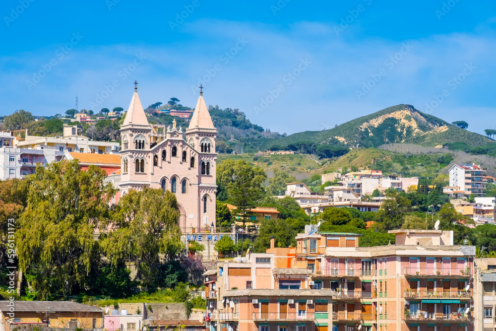 View of Messina on Sicily island, Italy. Church or Sanctuary of Madonna di Montalto in Messina. Basilica on Caperrina hill