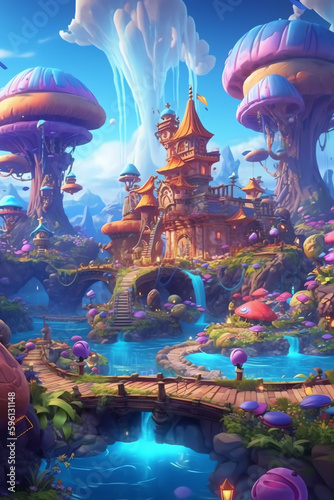 Playful Designs  Blurred Elements and Vibrant Colors in a Fantasy Village - Generative AI 