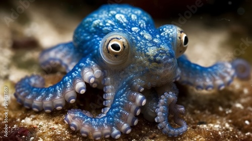 Blue octopus with big eyes. AI generated