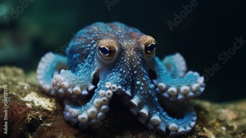 Blue octopus with big eyes. AI generated