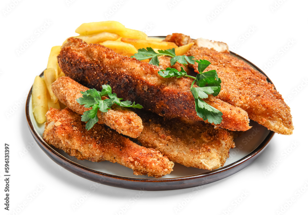 Plate of tasty fried codfish on white background