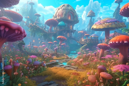 Playful Designs  Blurred Elements and Vibrant Colors in a Fantasy Village - Generative AI 