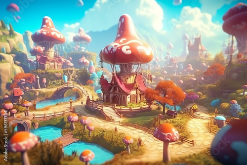 Playful Designs  Blurred Elements and Vibrant Colors in a Fantasy Village - Generative AI 
