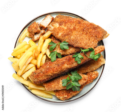 Plate of tasty fried codfish with french fries on white background