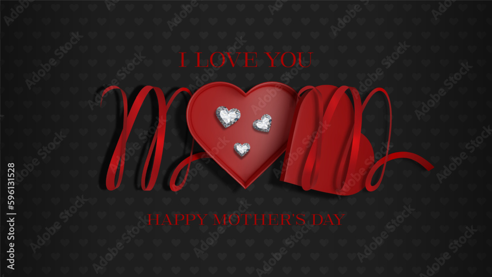 mother's day banner with heart shaped box and red ribbon