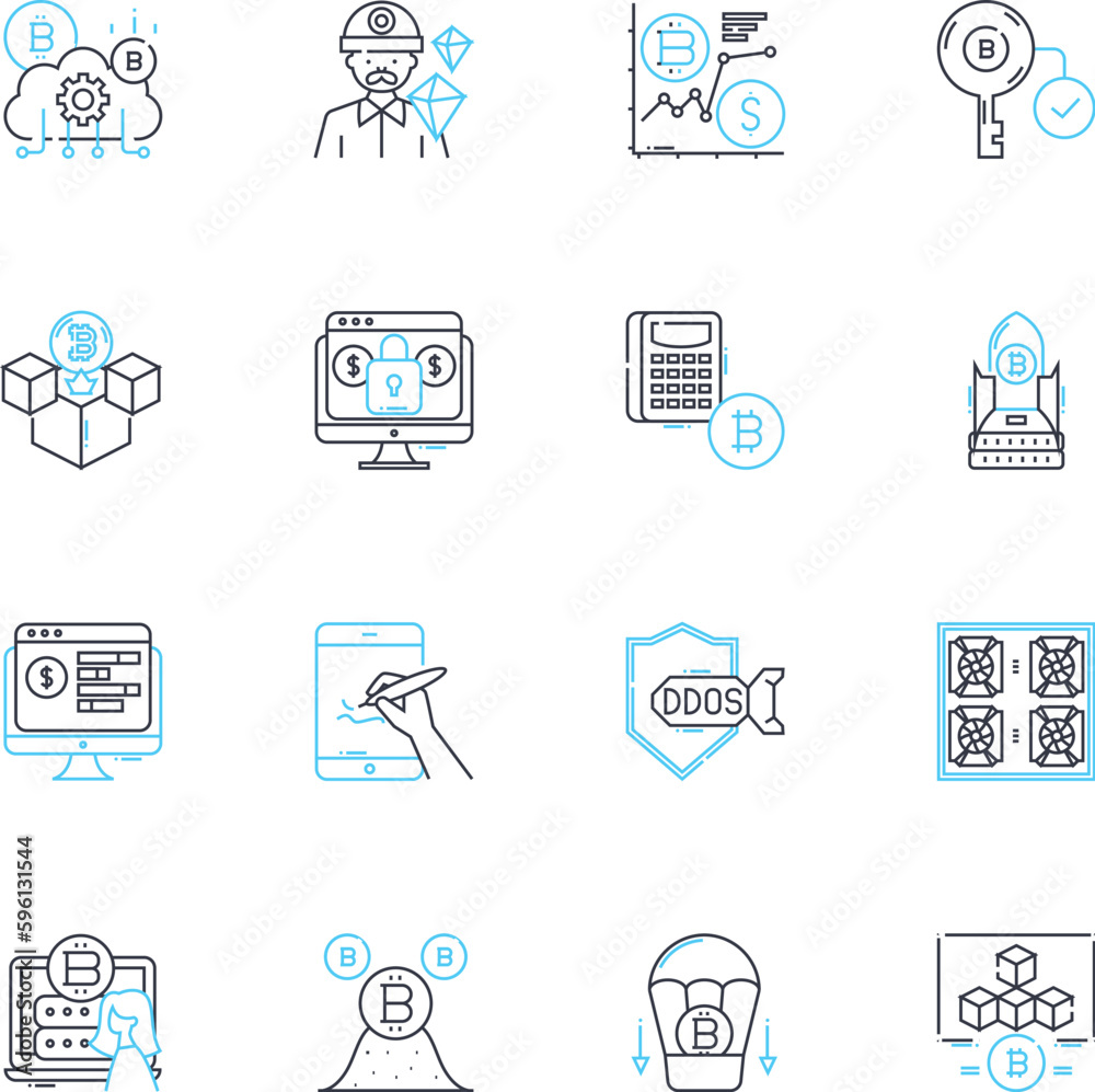 Electronic cash linear icons set. Cryptocurrency, Wallet, Blockchain, Bitcoin, Cashless, Digital, E-wallet line vector and concept signs. Transaction,Peer-to-peer,Crypto outline illustrations Electronic cash linear icons set. Cryptocurrency, Wallet, Blockchain, Bitcoin, Cashless, Digital, E-wallet line vector and concept signs. Transaction,Peer-to-peer,Crypto outline illustrations
