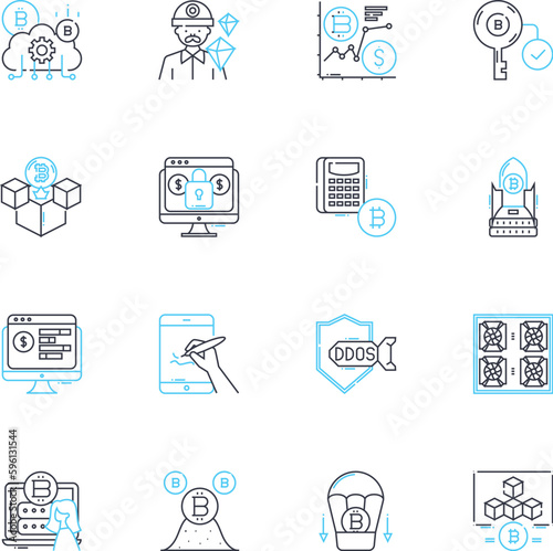 Electronic cash linear icons set. Cryptocurrency, Wallet, Blockchain, Bitcoin, Cashless, Digital, E-wallet line vector and concept signs. Transaction,Peer-to-peer,Crypto outline illustrations