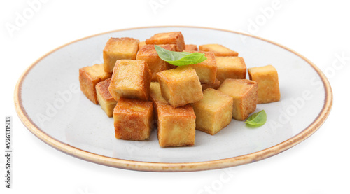 Plate with delicious fried tofu on white background