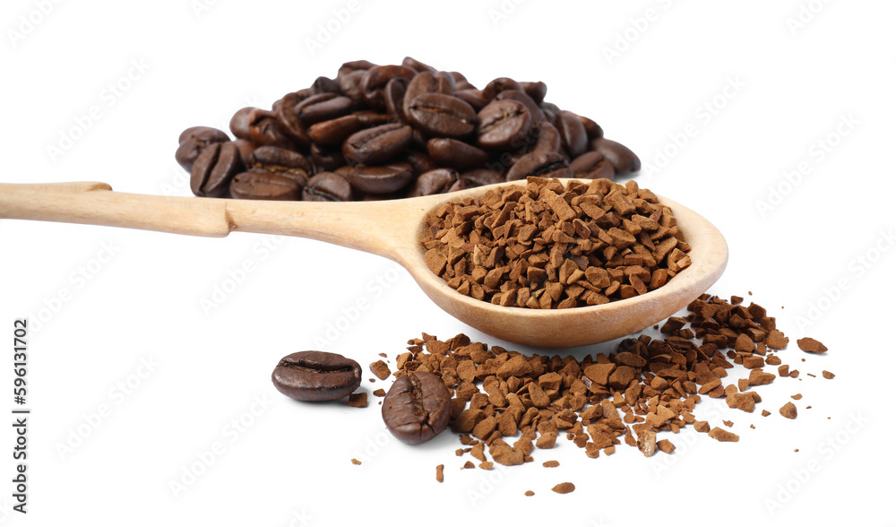 Wooden spoon of instant coffee and beans on white background Wooden spoon of instant coffee and beans on white background