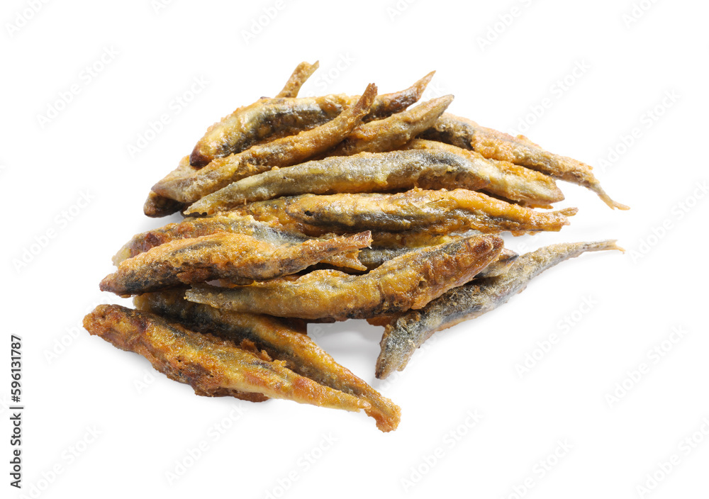 Pile of delicious fried anchovies on white background Pile of delicious fried anchovies on white background