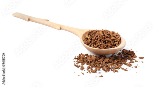 Wooden spoon of instant coffee on white background
