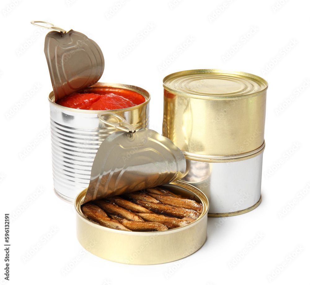 Opened tin cans with sprats and tomato sauce isolated on white