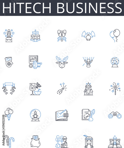 Hitech business line icons collection. Technology, Healthcare, Finance, Retail, Construction, Hospitality, Agriculture vector and linear illustration. Education,Manufacturing,Transportation outline