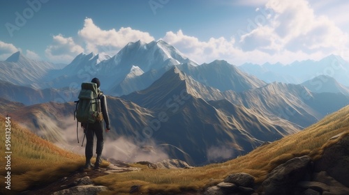 tourist with backpack is seen trekking in mountain, digital art illustration, Generative AI © Artcuboy