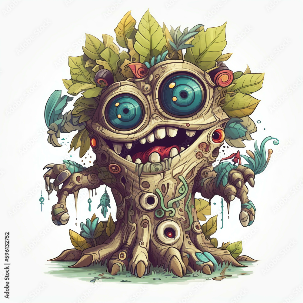 3D Cartoon Illustration of a Mythical Tree Monster with Expressive Features Generative ai