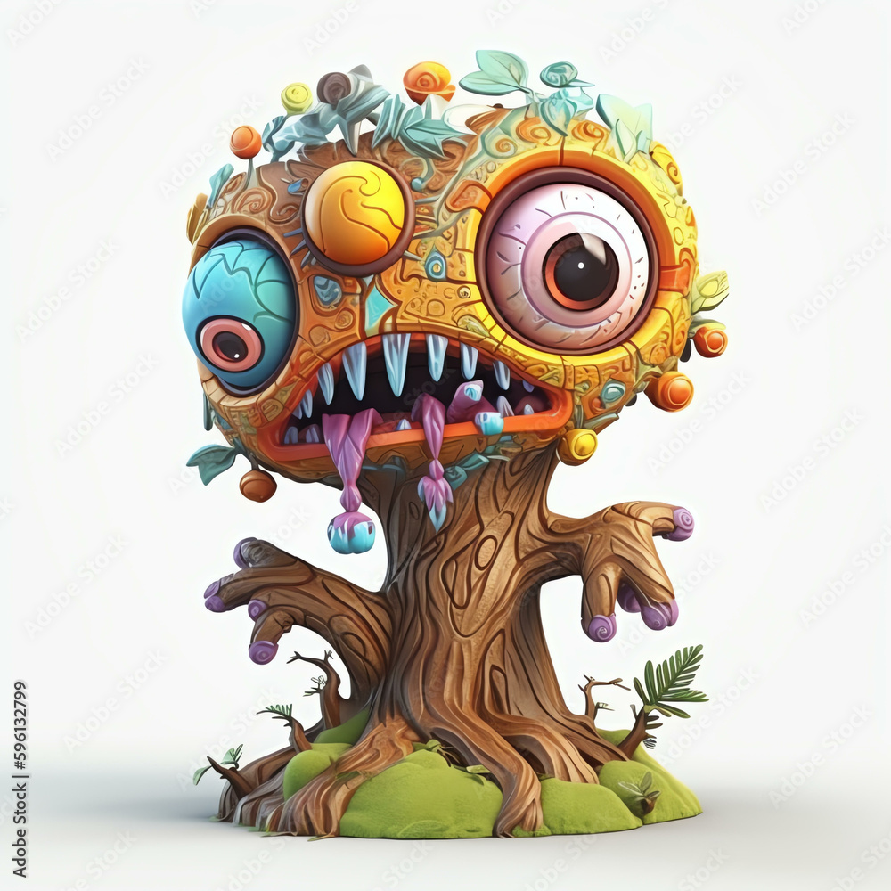 Whimsical 3D Illustration of a Cartoon Monster Tree with Expressive Eyes Generative ai