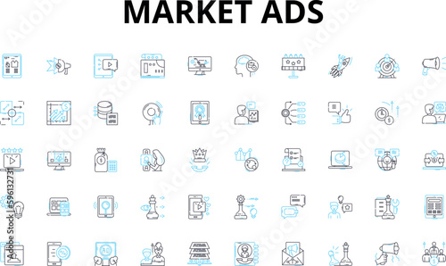 Market ads linear icons set. Promotion, Advertisement, Marketing, Branding, Targeting, Strategy, Analytics vector symbols and line concept signs. Campaign,Conversion,CTR illustration