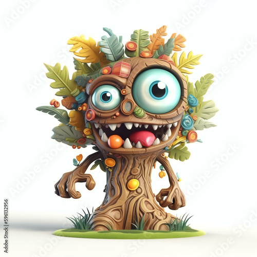 3D Cartoon Illustration of a Monster Tree with Many Expressive Eyes Generative ai
