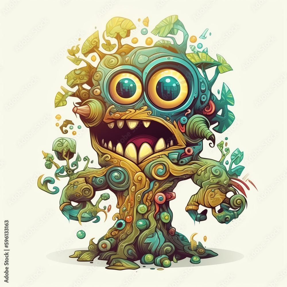 Cartoon 3D Polychrome Sculpture of a Cartoon Monster Tree with Many Eyes and Generative AI



