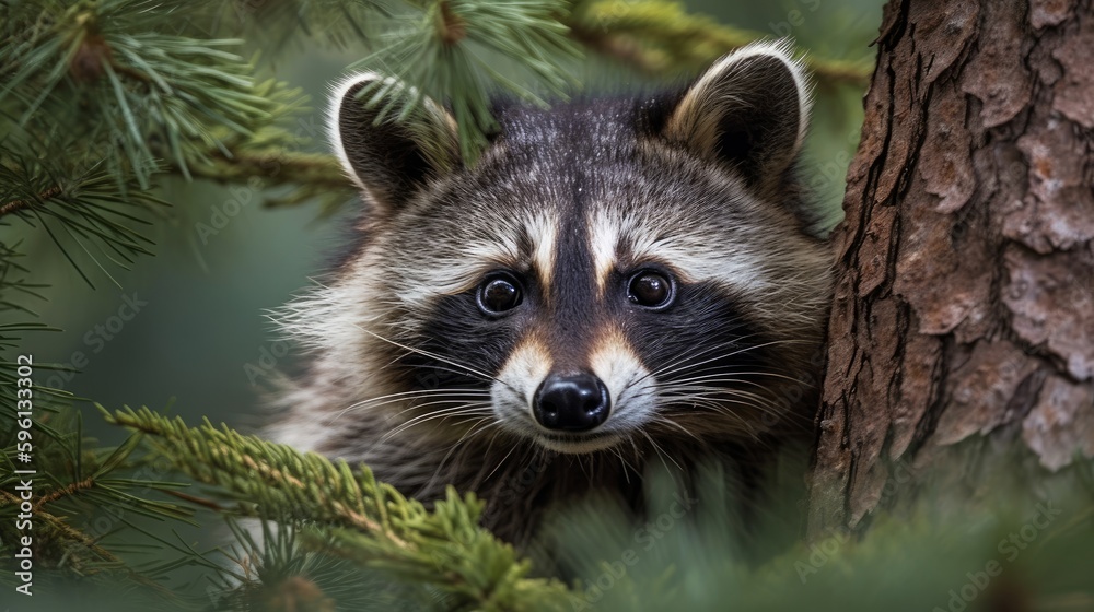 Curious raccoon peering out from behind tree. AI generated