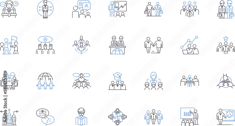 Board of directors meeting line icons collection. Governance, Strategy, Decision-making, Compliance, Transparency, Accountability, Sustainability vector and linear illustration. Leadership,Diversity