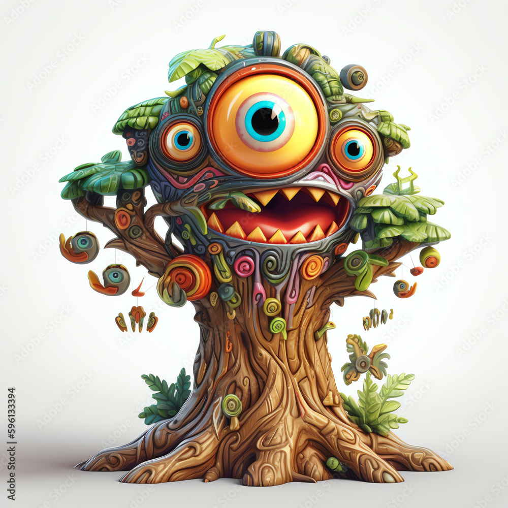 Cartoon 3D Illustration of a Cartoon Monster Tree with Expressive Character Designs and Generative AI
