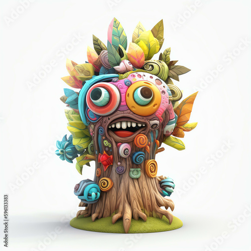 Cartoon 3D Illustration of a Cartoon Monster Tree with Expressive Character Designs and Generative AI 