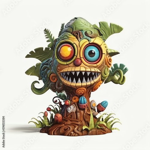 Cartoon 3D Illustration of a Cartoon Monster Tree with Expressive Character Designs and Generative AI 