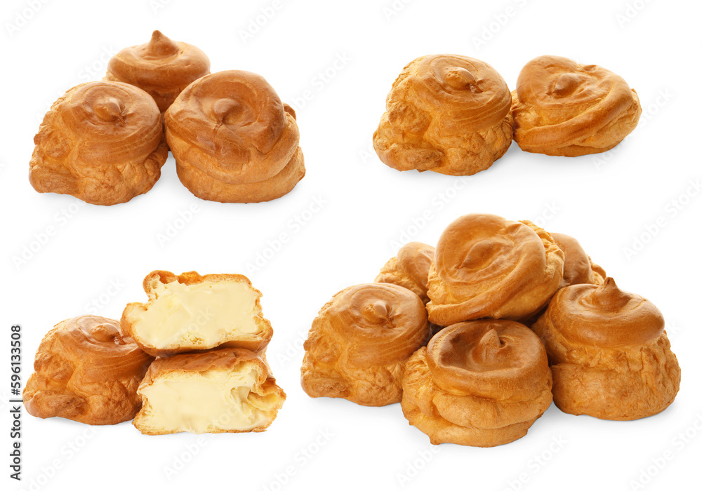 Delicious profiteroles with cream filling on white background, collage design Delicious profiteroles with cream filling on white background, collage design