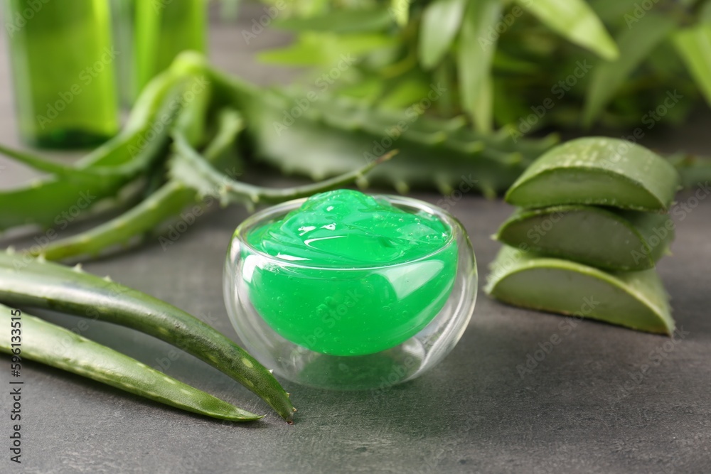 Obraz premium Bowl with natural gel and aloe vera leaves on grey table