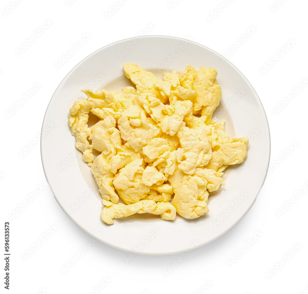 Plate of delicious scrambled eggs isolated on white background Plate of delicious scrambled eggs isolated on white background