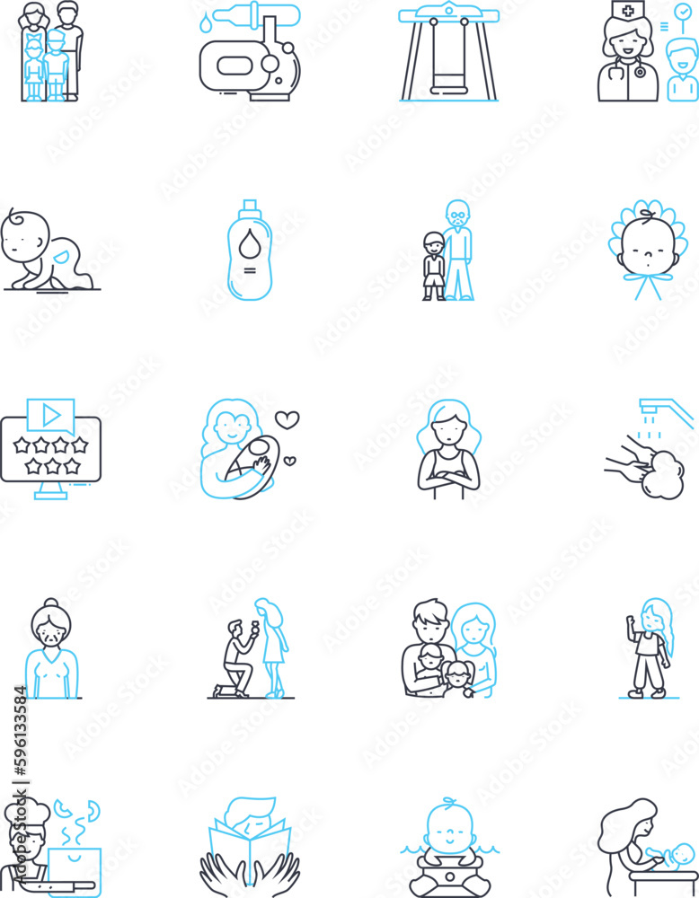 Infant linear icons set. Cooing, Diapers, Pacifier, Giggles, Milk, Swaddling, Binky line vector and concept signs. Sleep,Tiny,Bottle outline illustrations Infant linear icons set. Cooing, Diapers, Pacifier, Giggles, Milk, Swaddling, Binky line vector and concept signs. Sleep,Tiny,Bottle outline illustrations