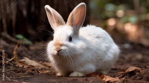 Fluffy white bunny with long ears. AI generated