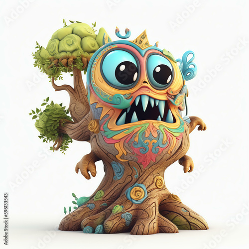 Cartoon 3D Illustration of a Cartoon Monster Tree with Many Eyes Generative AI 