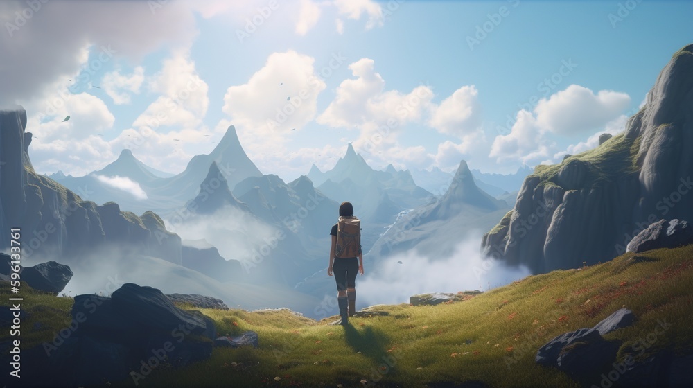 adventurer is seen trekking in mountain, digital art illustration, Generative AI