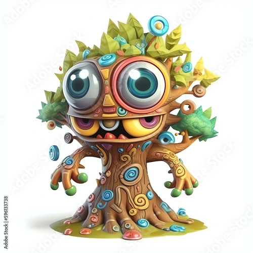 Cartoon 3D Many-Eyed Cartoon Monster Tree with Expressive Character Designs and Generative AI 