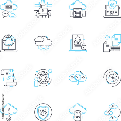 Web security linear icons set. Firewall, Encryption, Malware, Antivirus, Phishing, Vulnerability, Authentication line vector and concept signs. SSL,Cybercrime,DDoS outline illustrations