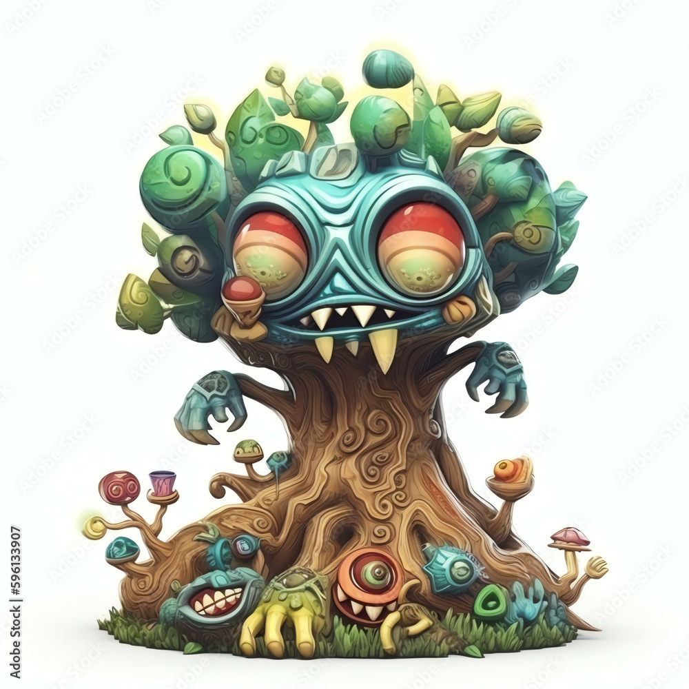 Cartoon 3D Illustration of a Cartoon Monster Tree with Many Eyes Created by Generative AI
